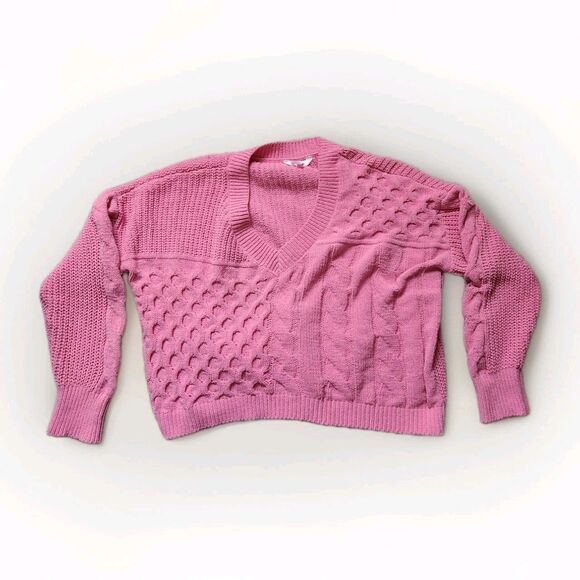 No Boundaries Sweaters - No Boundaries Patchwork Chunky Knit Sweater V Neck Pink Long Sleeve Jrs 3XL GUC